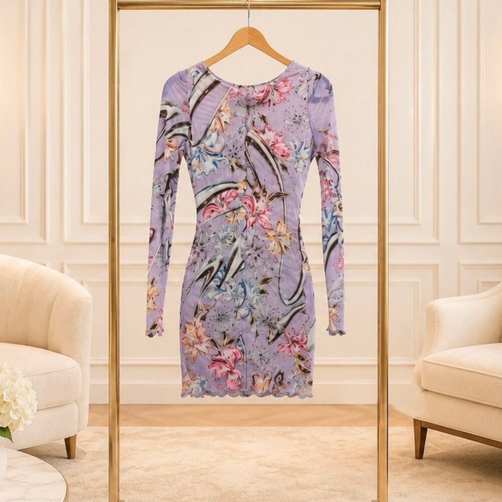Agua Bendita Hadley Silver Abstract Mesh Mini Dress Ruffle NWT Large Ressort